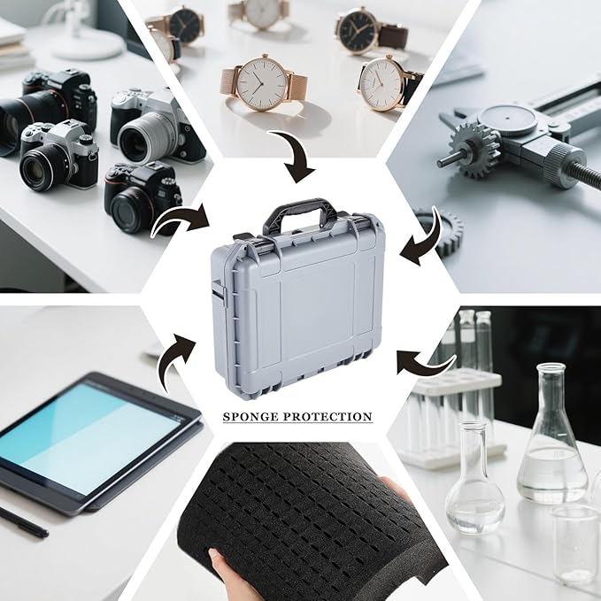 1 Pcs 16.3 x 12.4 x 6.5 Inch Waterproof Hard Case with DIY Customizable Foam Insert Portable Protective Case with Knife for Camera Drones Equipments Tools Test Instruments (Gray)