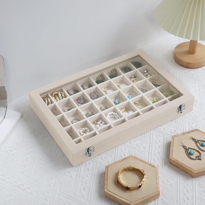 Stratalife Jewelry Organizer 40 Grid Jewelry Trays with Dust-proof Lid Velvet Earring Organizer Ring Holder Accessories Box Necklaces Earrings Storage for Women Drawers Cream