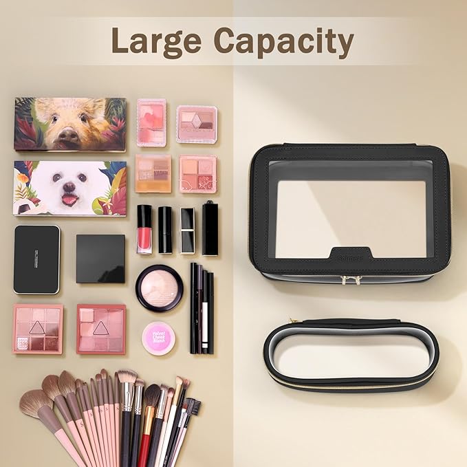 Travel Clear Makeup Bag with Makeup Brush Bag, Leather Makeup Case Toiletry Bag, Portable Cosmetic Bag Case, Transparent Waterproof Cosmetic Organizer Storage Bag for Women, Black