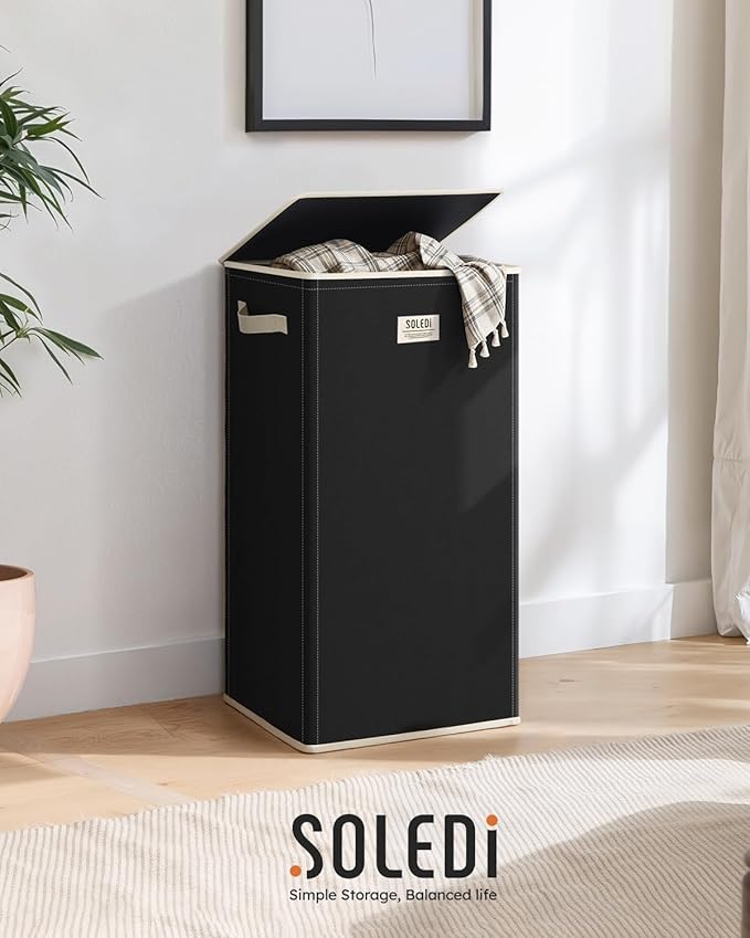 SOLEDI Laundry Hamper with Lid 100L Large & Tall Collapsible Laundry Basket, Clothes Hamper with Bag Removable Easy to Carry, Dirty Hampers for Bedroom, Bathroom, Dorm, College, Pitch Black