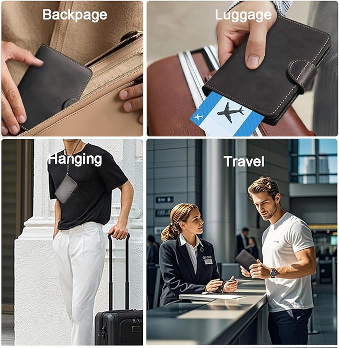 Genuine Leather Passport Holder for Travel - Rfid Passport Wallet with Hidden AirTag Slot, for 2 Passport Capacity, 2 Card Slots,for Men & Women & Family - Button Bifold Hidden Airtag Slot Style,Black