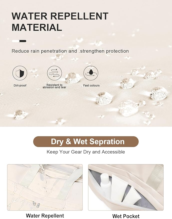 Gym Bag for Women Men, Sport Duffel Bag with Toiletry Bag & Shoe Compartment,Waterproof Travel Weekender Overnight Carry on Bag for Yoga with Trolley Sleeve, Beige Set