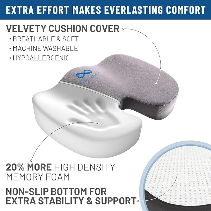 Everlasting Comfort Doctor Recommended Memory Foam Seat Cushion for Office Chairs & Car - Ergonomic Office Desk Accessories - Cushions for Tailbone Pain Relief, Sciatica & Back Support Pillow