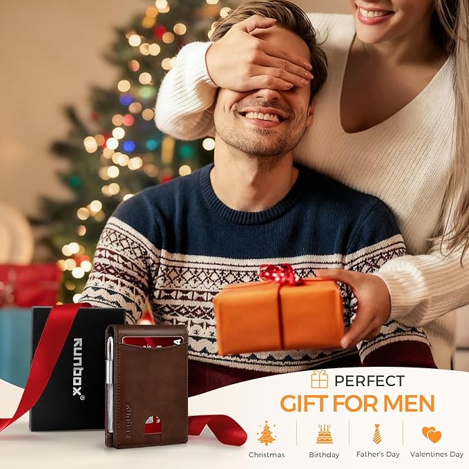 RUNBOX Money Clip Slim Wallets for Men RFID Blocking 11 Card Holder Minimalist Small Leather Bifold Men's Front Pocket Wallet Gift Box