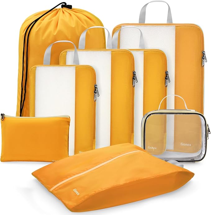 Gonex 8 Set Expandable Mesh Packing Cubes for Travel - Compression Packing Organizers with Toiletry, Laundry, Shoe & Cable Bags - Orange