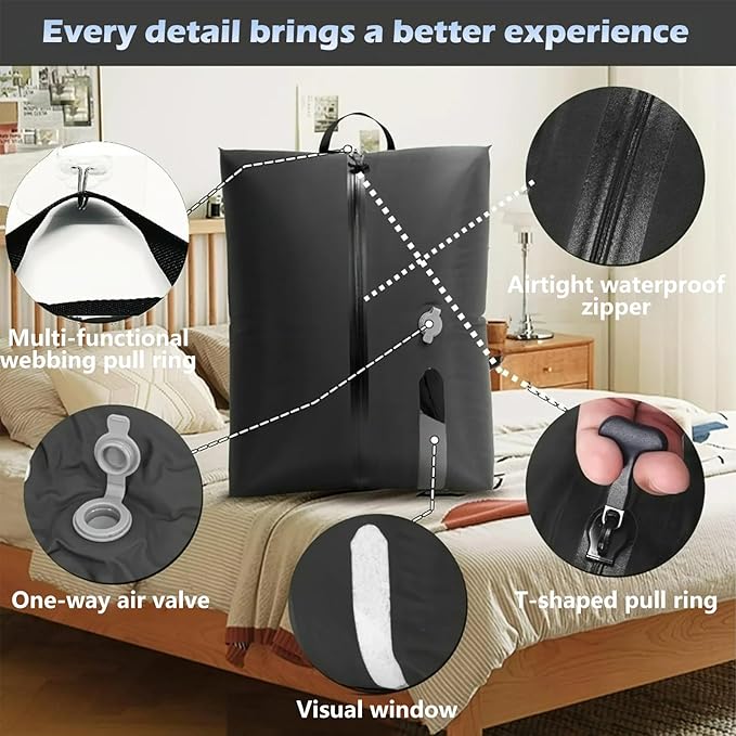 Vacuum Bags with Wireless Pump, Reusable Compression Space Saver for Travel, Visual window,Sealed and dust-free,IP68 Waterproof Packing Cubes for Carry On Suitcases & Backpacks (2PC)