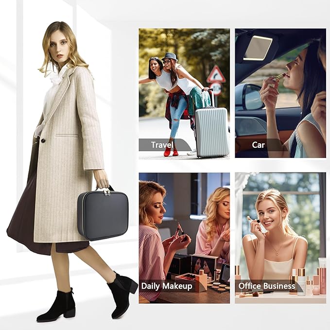 Travel Makeup Bag with LED Lighted Mirror, Travel Makeup Organizer,3 Color Setting Cosmetic Makeup Box, Adjustable Dividers and Brush Holder(black)