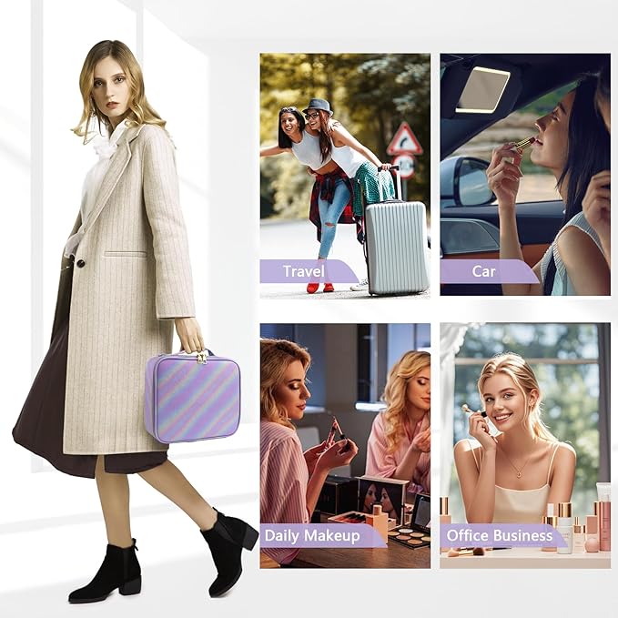 Travel Makeup Train Case Cosmetic Case Organizer Portable Artist Storage Bag with Adjustable Dividers for Cosmetics Makeup Brushes Toiletry Jewelry Digital Accessories (Purple)