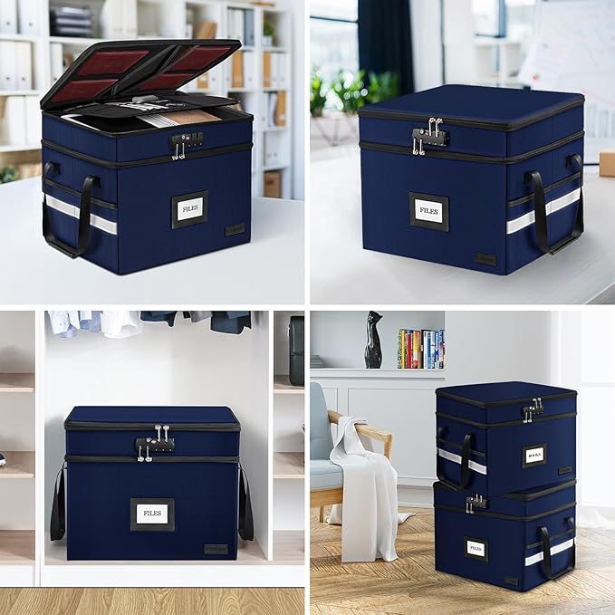 ETRONIK Fireproof Document Box with Lock, 2-Layer File Box Storage Organizer with 5 Tabs& Insert, Portable File Cabinet Storage Box with Handle for Hanging Letter,Legal Size Folder,Certificate, Blue