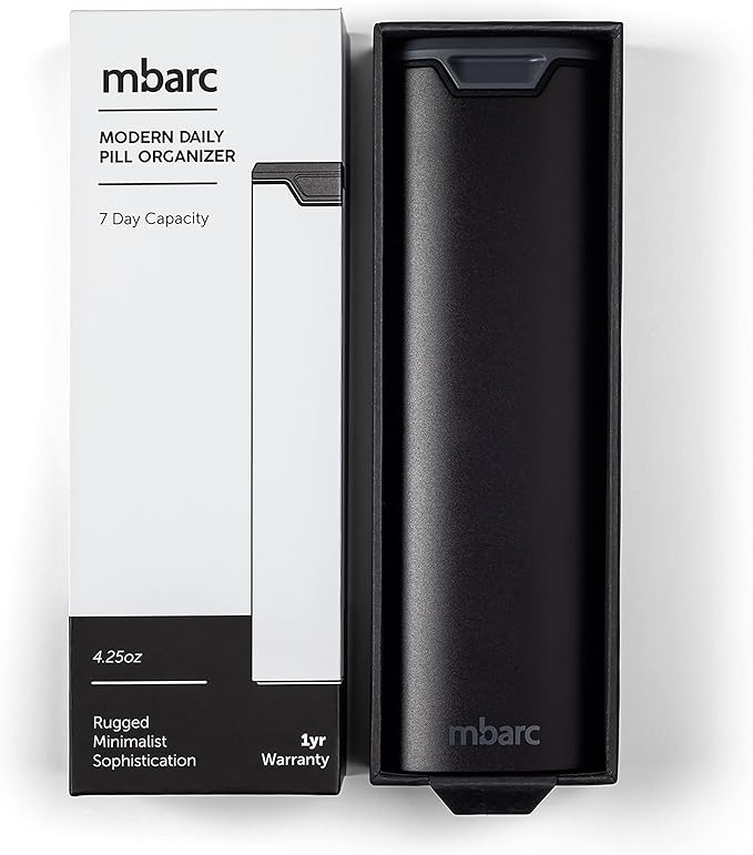 7 Day Weekly Pill Organizer 2.0 by mbarc - Premium Stylish Aluminum and Wood Large Capacity Pill Box for Supplements, Pills, Vitamins and Medication. (Midnight Black)