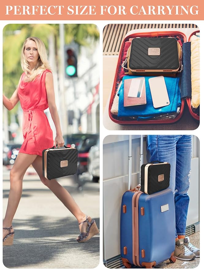 Kalolary Travel Makeup Train Cases with Lighted Mirror 3 Color Setting, Makeup Bag Cosmetic Case Organizer Adjustable Brightness Portable Makeup Storage Box For Makeup Brushes Accessories Tools,Black