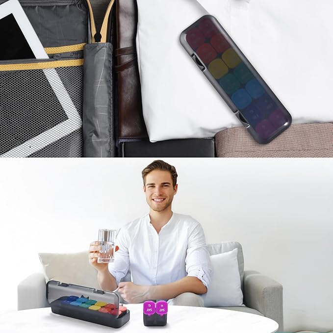 Fullicon Moisture-Proof Pill Organizer 2 Times a Day, Weekly Pill Boxes & Organiser with Silicone Lids, Large Capacity AM PM Pill Organizer 7 Day, Travel Pill Case for Vitamins (Black Rainbow)