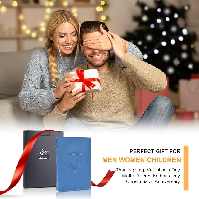 Full Grain Leather AirTag Passport Holder Wallet Cover for Men and Women Travel, Passport Holder with AirTag Slot Passport Wallet, Travel Essentials Genuine Leather Passport Cover Gifts (Blue)