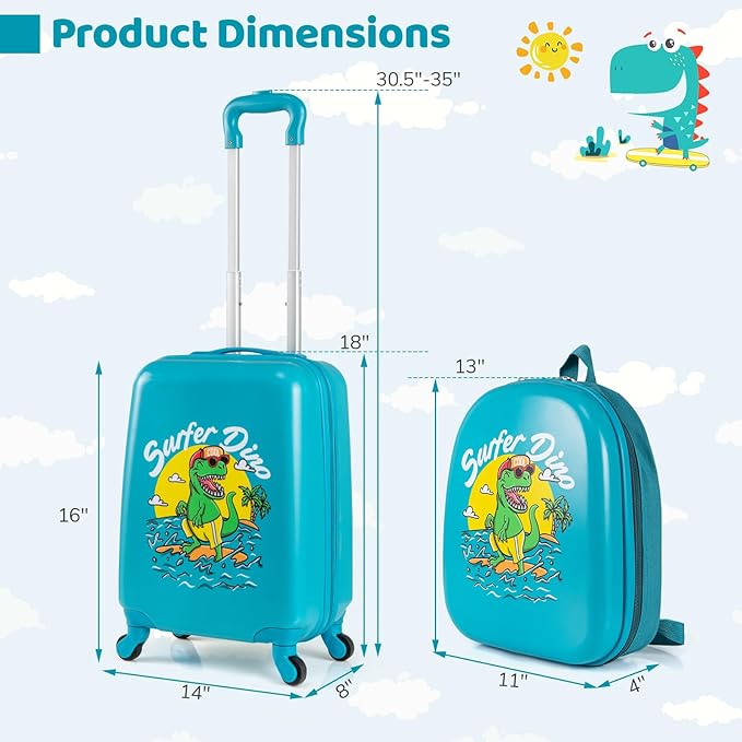 HONEY JOY Kids Luggage, Travel Backpack & Hard Shell Toddler Suitcase, Children Rolling Luggage with Wheels, Retractable Handle & 4 Casters, 2Pcs Carry On Luggage Set for Boys Girls(Green Dinosaur)
