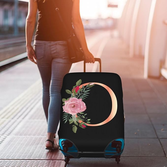 Floral Letter O Travel Luggage Cover Spandex Suitcase Protector Elastic Washable Stretch Suitcase Cover,Size XL(Fit 29-32inch Suitcase)