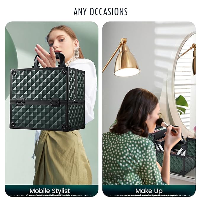 FRENESSA Makeup Case Makeup Box Cosmetic Train Cases Portable Make Up Artist Travel Case Storage Box 4 Trays with Dividers Lockable Hard Makeup Box Craft Nail Kits Case Drak Green