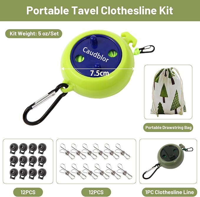 Portable Travel Clothesline Cord, Caudblor Adjustable 33ft Camping Clothes line, Laundry Drying Rope for Hotel Trip, Cruise, Outdoor/Indoor, with 12Pcs Stoppers, Windproof Clothespins