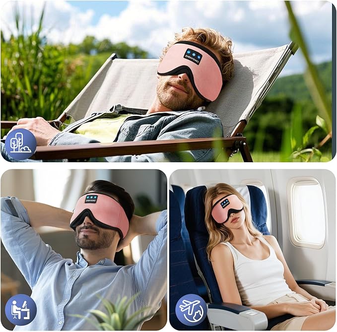 3D Sleep Mask with Bluetooth Headphones, Sleeping Headphones for Side Sleepers, Wireless Music Eye Mask with Ultra-Thin Stereo Speakers for Men, Women, Tech Gifts, Pink
