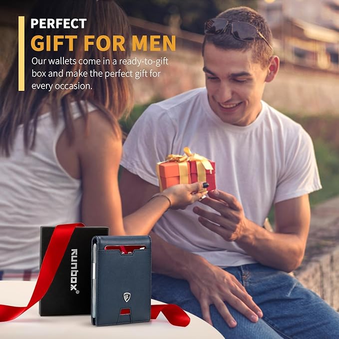 RUNBOX Mens Slim Wallet with Money Clip RFID Blocking Bifold Credit Card Holder for Men with Gift Box