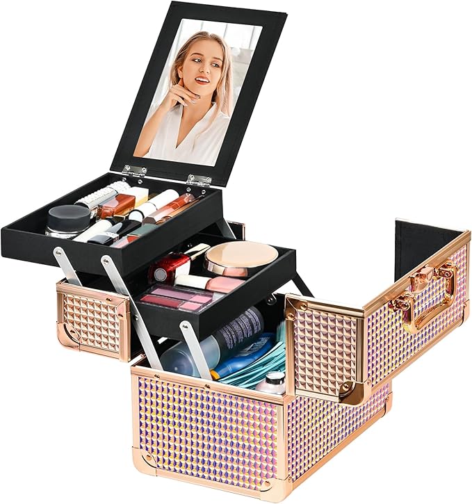 Makeup Case Organizer,Makeup Train Case, Trays Cosmetic Box Portable, Profesional for Salon Barber, Colorful Pink
