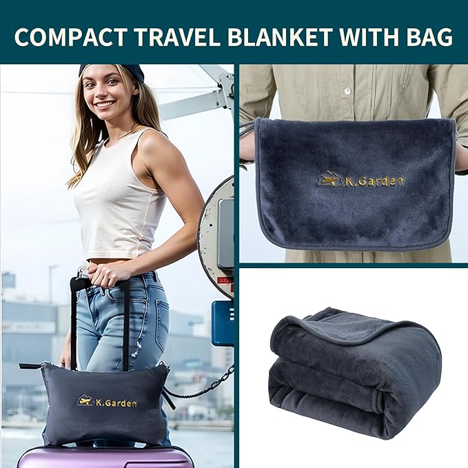 K.Garden Travel Cooling Blanket and Pillow- Soft 2 in 1 Airplane Compact Flight Essentials Car Pillow Travelers Gifts Accessories Compact Pack Blanket for Any Travel with Luggage Backpack Strap Grey