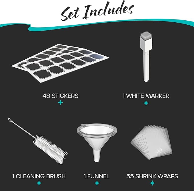 Nevlers Amber Glass Spray Bottles Small 1 Oz 48 PK | Mini Spray Bottle Set w/Amber Bottles, Shrink Wrap, Labels, Marker, Funnel & Brush | Travel Size Mist Bottle For Use as Oil Mister & Hair Mister