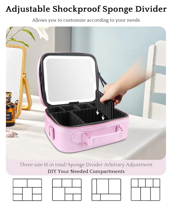 MOMIRA Travel Makeup Bag Cosmetic Bag with Lighted Mirror, Adjustable Brightness in 3 Color Scenarios/Detachable makeup mirror, All-round Upgrade, Waterproof, Gift for Women -Purple