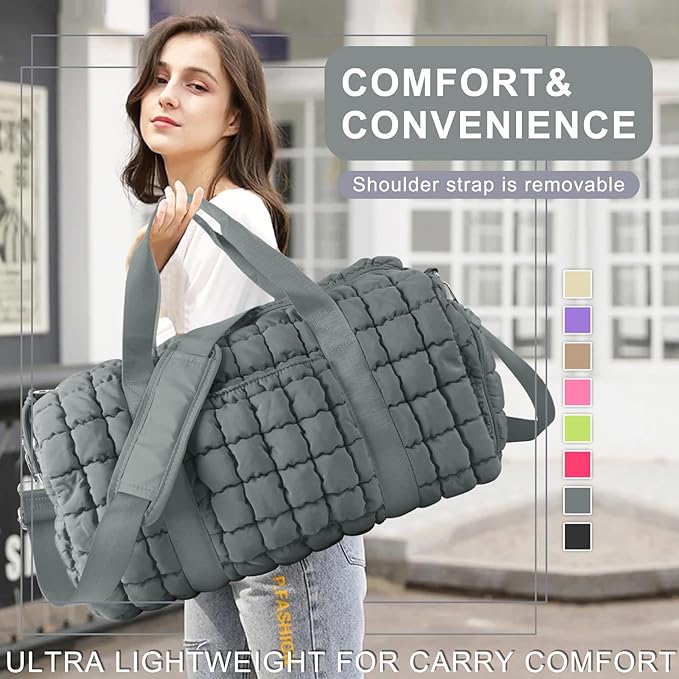 Quilted Travel Duffle Bag Gym Bag for Women,Large Puffer Duffle Weekender Bag with Compartment,Workout Overnight Carry on Organizer Bag Duffle Bag for Airplane Travel(L-Grey)