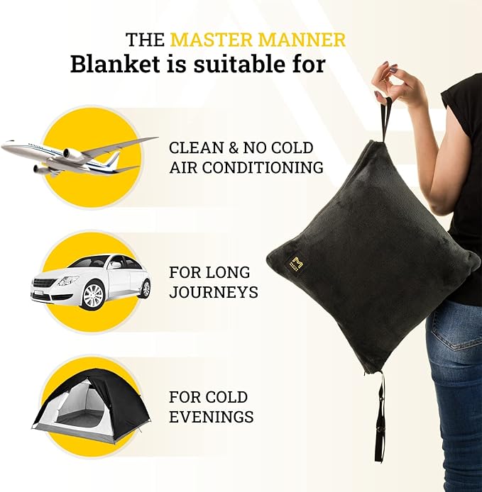 Travel Blanket Airplane Compact with Hoodie – 2in1 Airplane Travel Accessories from Plane Blanket to Travel Pillow with Luggage Strap, Soft Handle & Secure Pocket