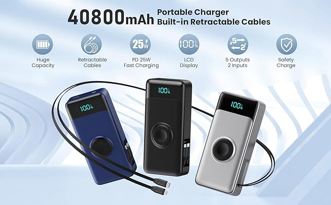 5-in-1 Portable Charger for iPhone,40800mAh Power Bank Built-in Retractable Cable and iWatch Charger,25W PD QC4.0 Fast Charging Battery Pack,Travel Essential Charger for iPhone 17/Air/16,Android,Black