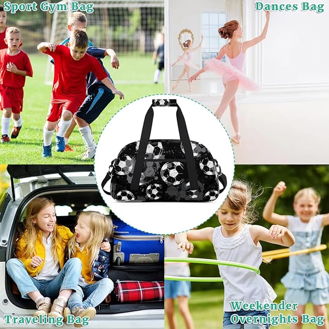Black Football Kids Duffel Bag for Boys, Soccer Sports Gym Bag Overnight Travel Weekender Bag Lightweight Carry On Sleepovers Bag for School Practice Gymnastics