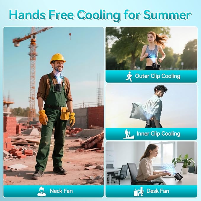 Portable Waist Fan, 5 Speeds & 15000RPM Strong Airflow Belt Fan, 10000mAh Rechargeable Wearable Shirt Fans with Flashlight, Personal Hands-Free Neck Fan for Outdoor, Camping, Worksites