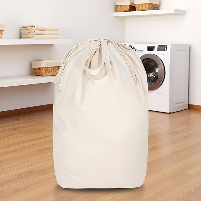 Canvas Laundry Bags 18x18in with Handles & Square Base, Extra Large Heavy Duty Laundry Basket Hamper Liner, Washable Drawstring Dirty Clothes Bag Canvas Storage Sack (Beige XL,1 Pack)