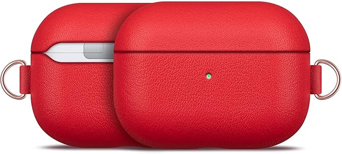Lopie Leather Case with Keychain for AirPods Pro, Portable Real Leather AirPods Pro Case Cover for Woman - Red