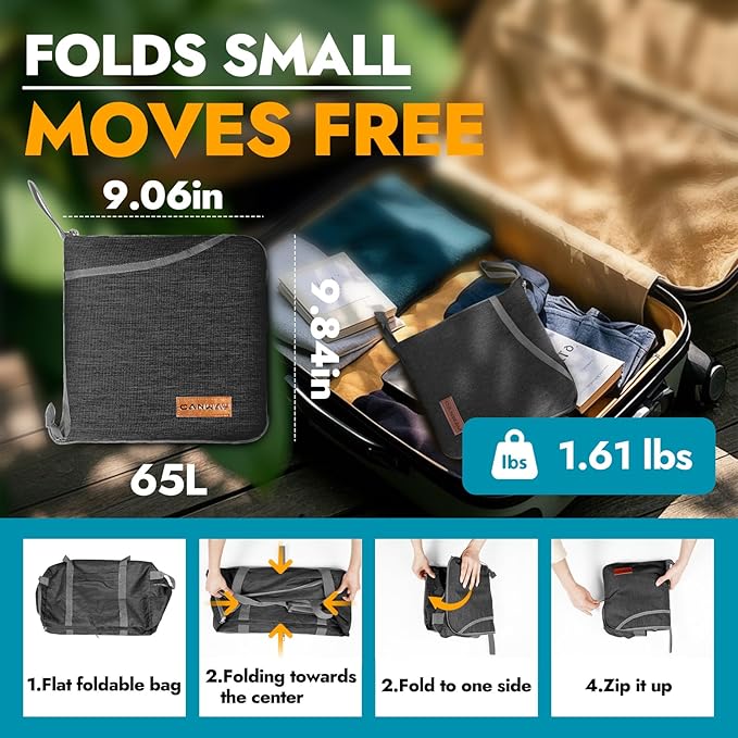 Canway 65L Travel Duffel Bag, Foldable Weekender Bag with Shoes Compartment for Men Women Water-proof & Tear Resistant (Panther Black, 65L)