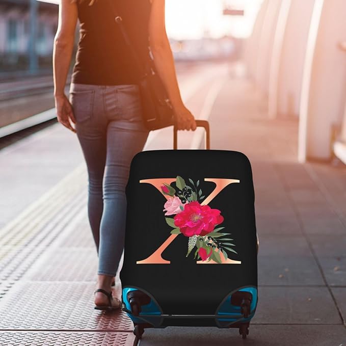 Floral Letter X Travel Luggage Cover Spandex Suitcase Protector Elastic Washable Stretch Suitcase Cover,Size XL(Fit 29-32inch Suitcase)