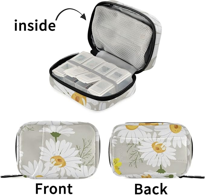 Pill Organizer Travel Weekly Small Cute Pill Box 7 Day Pill Case Vitamin Holder Pill Bottle Organizer Light Grey Daisy Floral