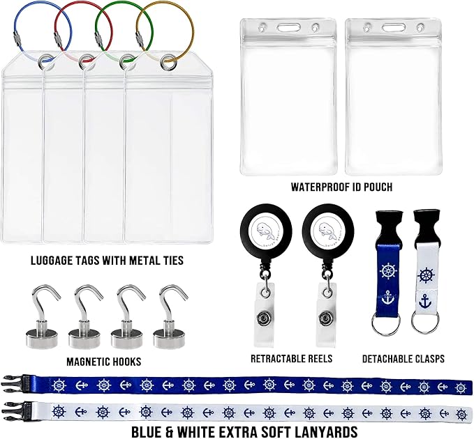 Luggage Tags Essentials 4 Sets with Zip Seal and Steel Loops + 2 Lanyard Detachable ID Holder Badge + 4 Cabin Magnetic Hooks (27lbs) - Fits All Cruise Lines