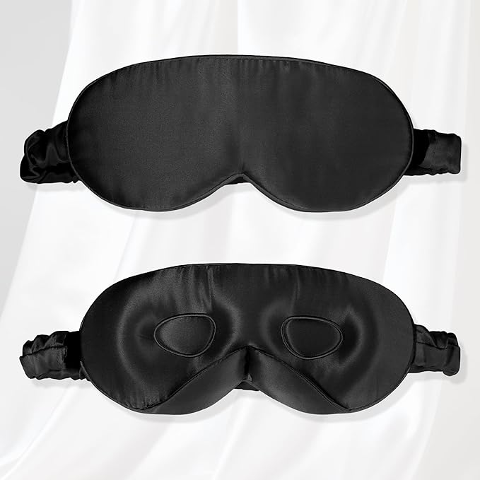 VOCOSTE 22 Momme Pure Silk Sleep Mask with Travel Pouch, 3D Contour Adjustable Blindfold for Side Sleepers, Eye Mask Locks Light for Sleeping, Black