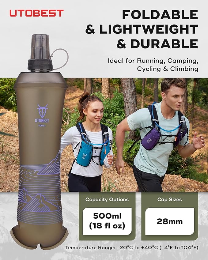 500ml Soft Flask, 2 Pack Flexible TPU Hydration Water Bottle, Collapsible with 28mm Caliber for Running, Hiking, Cycling, Climbing, and Marathon Purple
