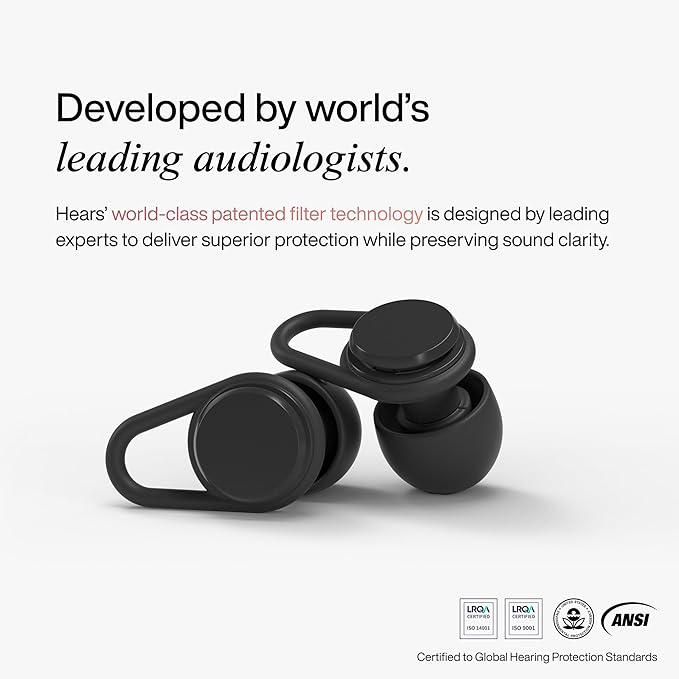 Hears Ear Plugs for Noise Protection - Patented Concert Earplugs, 20dB SNR Sound Reduction, Hypoallergenic Ear Plugs for Sleeping Noise Cancelling with 4 Ear Tip Sizes Included - Jet Black