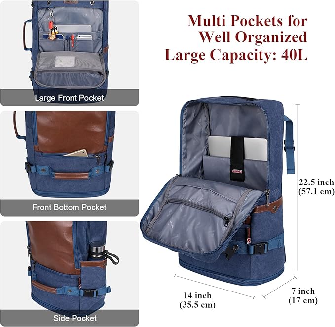 WITZMAN Travel Backpack for Men Women Carry on Luggage Backpack Canvas Rucksack Duffel bag with Shoe Compartment(A2021 big size Blue)