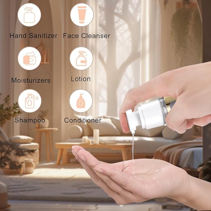 Gold, empty cosmetic pump bottle with travel bag, refillable, vacuum pump bottle for lotion, toner, foundation make-up, hair oil, hand sanitizer and other liquids, 7 pieces (1.7 oz/50ml)