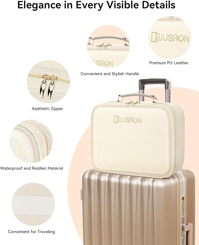 JUSRON Travel Makeup Bag With LED Mirror, Cosmetic Train Case with Light up Mirror, Portable Makeup Artist Organizer Bag with Adjustable Dividers, Makeup Brush Holder Storage (White, Large)