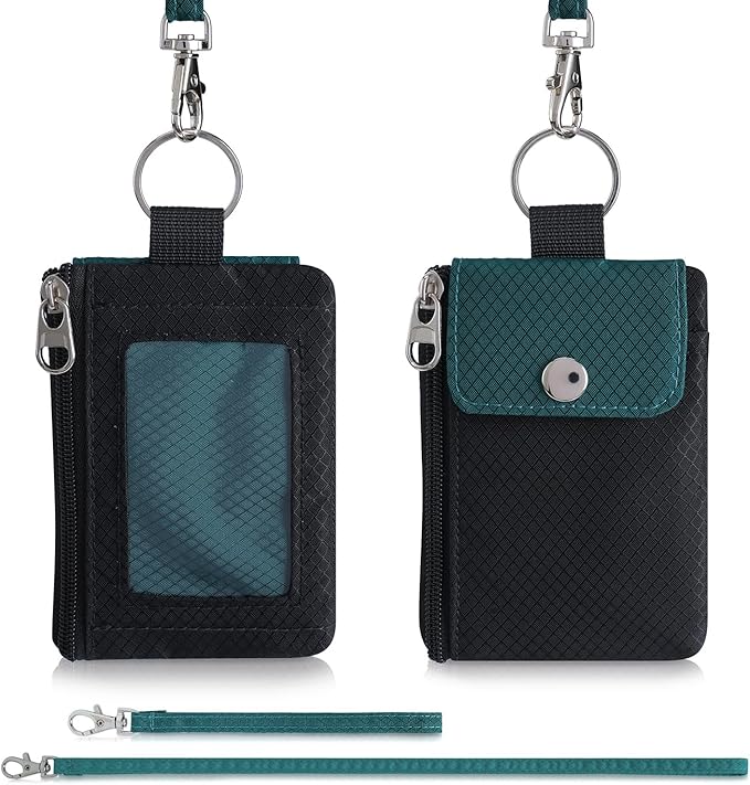Minimalist Wallet For Mens Womens, Keychain RFID Blocking Zipper Small Wallet with ID Window 2 Lanyards,Water Resistant Travel Cash Card Coin Case Boys Girls