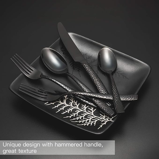 Silverware Set Black Flatware Set Hammered Cutlery Set Stainless Steel Mirror Finished Hand Forged 40 Pieces Service for 8 Home Event Use Wedding Housewarming Gift