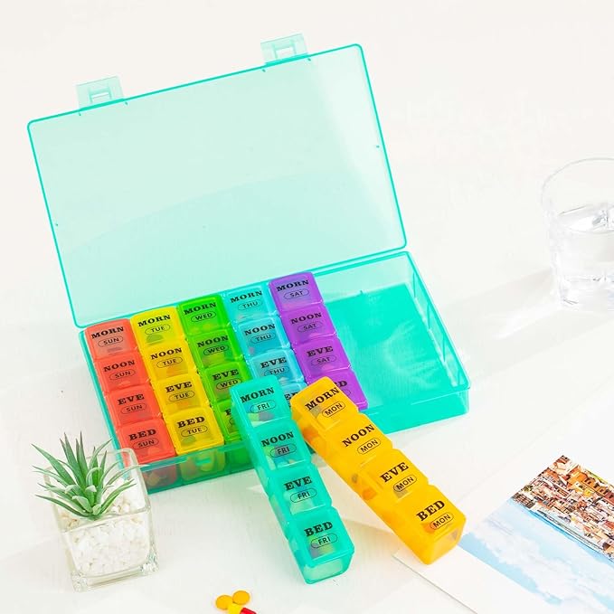 XL Large Weekly Pill Organizer 4 Times a Day, 7-Day Pill Boxes and Organizer AM PM, Big Compartments Pill Case, Monthly Medication Organizer 28 Days Dispenser for Fish Oils