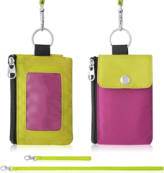 Minimalist Wallet For Mens Womens, Keychain RFID Blocking Zipper Small Wallet with ID Window 2 Lanyards,Water Resistant Travel Cash Card Coin Case Boys Girls