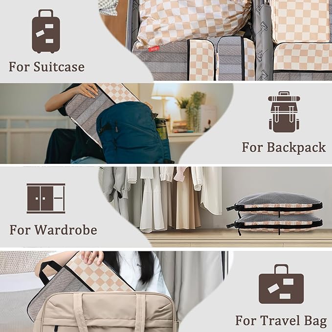 U+U 8 Set Compression Packing Cubes - Ultralight Travel Organizers with Laundry Bag and Cosmetic Bag, Space-Saving Suitcase Organizer for Travel, Business Trip and Family Vacation (Khaki Checkered)