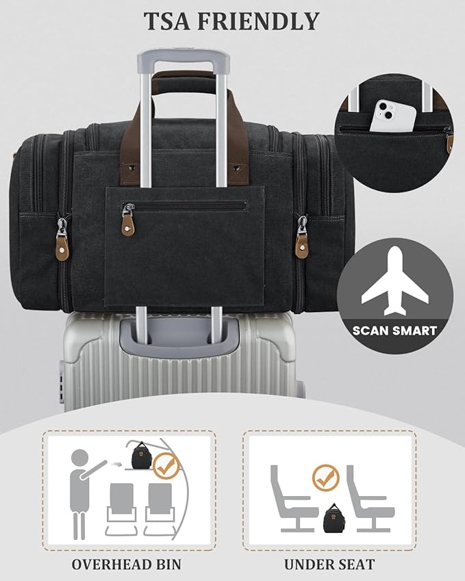 Gonex Canvas Duffle Bag for Travel, Expandable Water Resistant 60L Carry on Duffel Overnight Weekender Gym Bag with Wet Dry Separation Pocket & Suitcase Handle Sleeve, Dark Grey